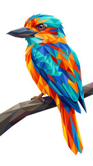 Naklejka premium Colorful Geometric Kingfisher Bird on Branch, Isolated