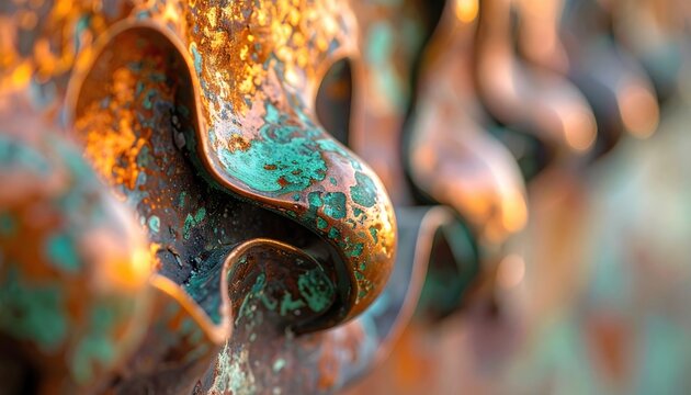 Close-up view of oxidized copper patina with vibrant green verdigris and warm golden tones
