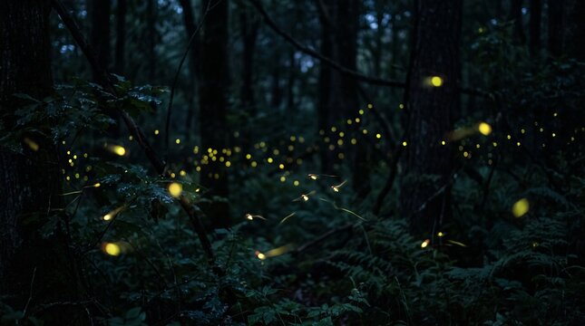 Magical dark forest at night with glowing fireflies flying among tall trees, lush green ferns and leaves, soft bokeh lights, ethereal atmosphere, cool blue and green tones, warm yellow firefly lights,