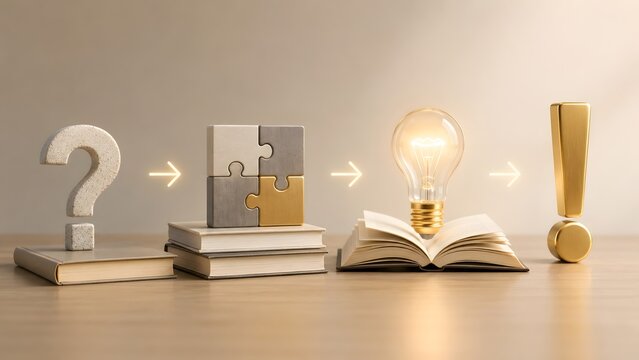 Educational Discovery Process Sequence with Books Question Mark Puzzle and Glowing Light Bulb Idea Concept of Learning Solution