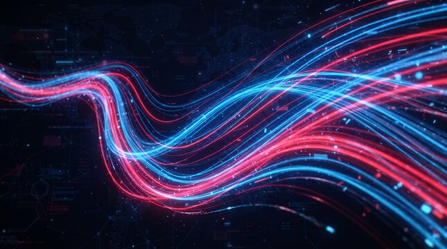 Vibrant glowing digital data stream with dynamic red and blue light trails, illustrating high-speed information transfer and interconnected networks in an abstract technological space