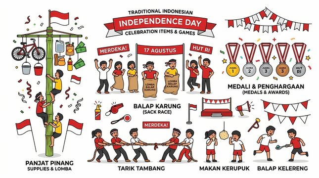 A vibrant vector illustration showcasing traditional Indonesian Independence Day celebration items and games, including Panjat Pinang, Balap Karung, Tarik Tambang, and various awards.