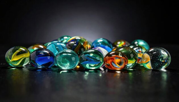 Collection of Vibrant Colorful Swirled Glass Marbles on Dark Surface