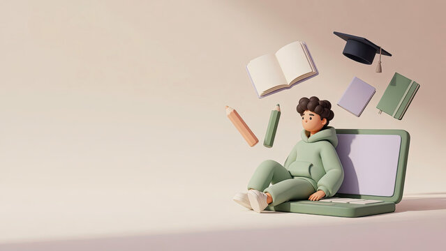 3D boy leaning on a big laptop with floating books, pencils, and a graduation cap, representing online education and e-learning concepts