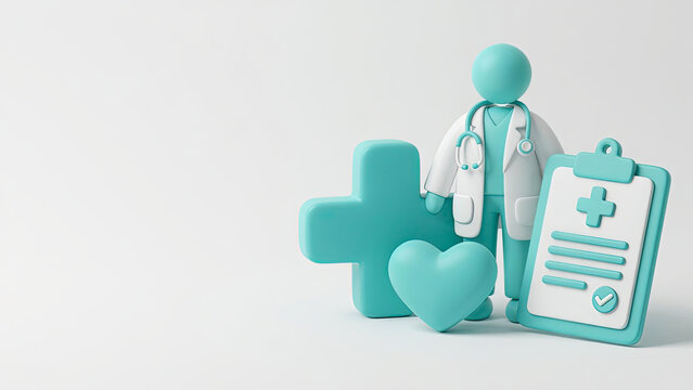 3D doctor figure with stethoscope standing next to a medical report clipboard, heart shape, and cross symbol on a clean white background