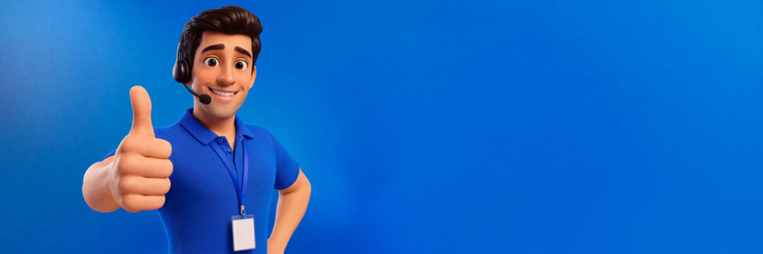 3D male customer support assistant wearing a headset, showing a thumbs up sign on a vivid blue background banner with copy space