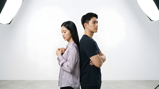 Korean man and woman standing back to back looking serious in professional studio lighting setup indoors