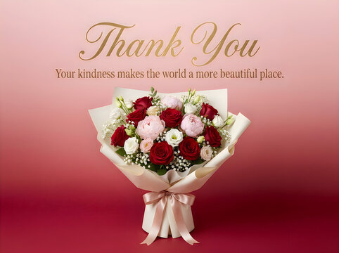 Beautiful bouquet of red and white roses with a thank you message on a soft pink background
