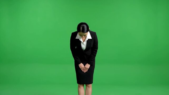 Professional Asian businesswoman bowing in respect against a green screen background.