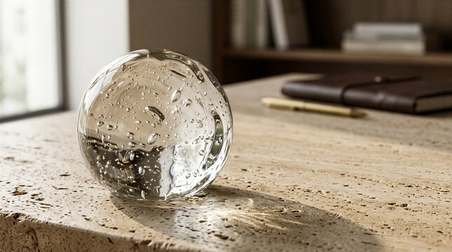 Crystal glass sphere paperweight with air bubbles resting on travertine stone desk