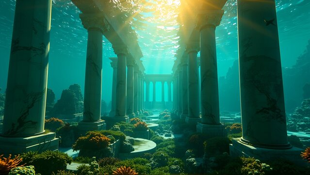 Underwater ancient columns and ruins with marine life growth around th