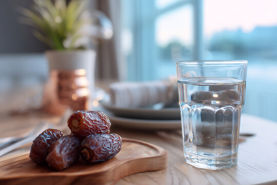 Fresh Medjool dates with a glass of water on a wooden table