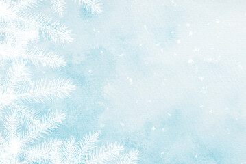 A blue watercolor background with white fir branches for creating web banners for the winter holidays. © Anna