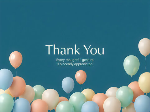 Thank you card design with pastel colored balloons on a dark teal blue background for celebrations