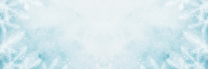 Fototapeta premium A blue watercolor background with white fir branches for creating web banners for the winter holidays.