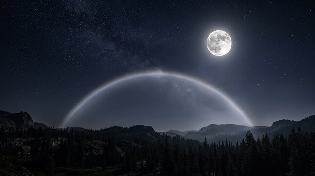Lunar rainbow or moonbow glowing above mountain silhouette at night, bright full moon in starry sky with milky way, white rainbow arc over dark forest and hills, rare atmospheric phenomenon, photoreal