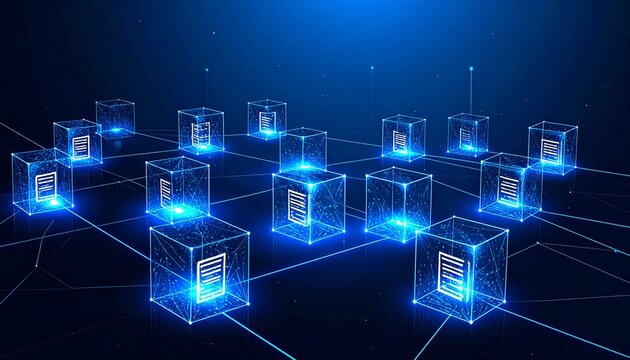 Glowing Transparent Blockchain Cubes with Document Icons Connected by Light Grid Network over Earth View