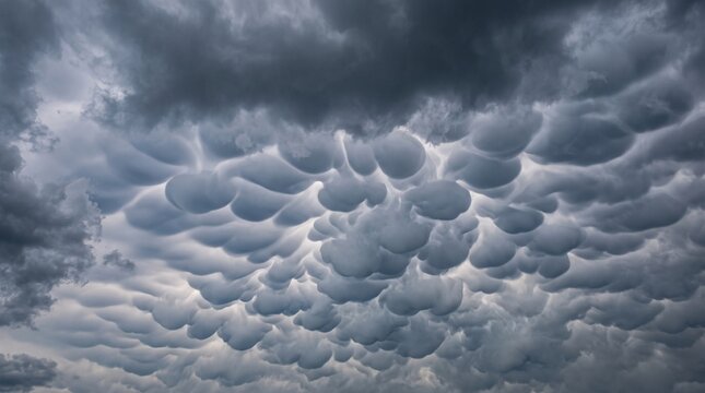 Dramatic mammatus cloud formations in stormy sky, pouch-like bubble clouds hanging from dark thunderclouds, sunlight breaking through gaps, intense weather phenomenon, moody blue and gray tones, photo
