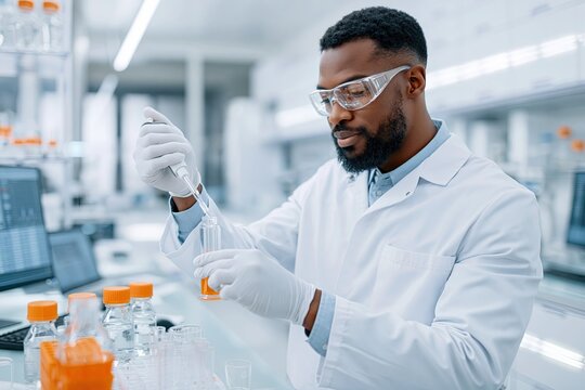 scientist wearing safety goggles using pipette in laboratory medical-consultation