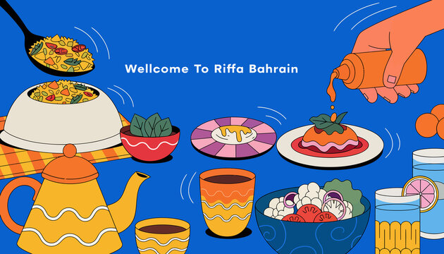 Riffa Bahrain Welcome: Illustration of Arabian Food, Tea, and Hospitality