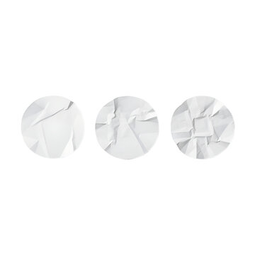 Three crumpled paper circles are arranged against a solid black background showcasing a textured white surface