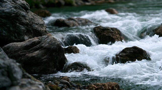 Water rushes over dark rocks creating white foam in a natural river setting with textured stone surfaces and flowing motion