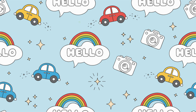 Adorable seamless baby boy pattern with cute cartoon cars rainbows clouds cameras and stars on blue.