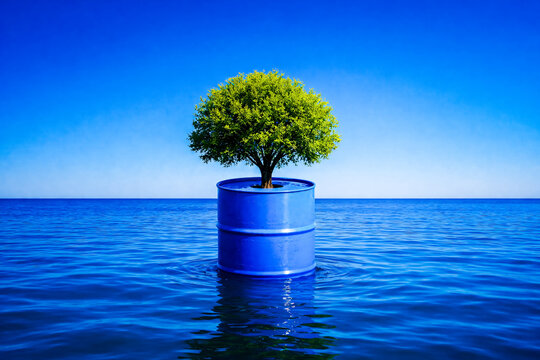 Arbre poussant sur un bidon m&eacute;tallique bleu flottant sur l'eau