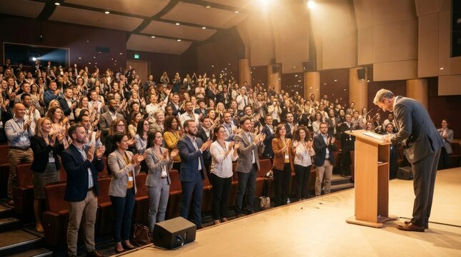 Business Speaker Receiving Standing Ovation from Enthusiastic Audience in Large Auditorium