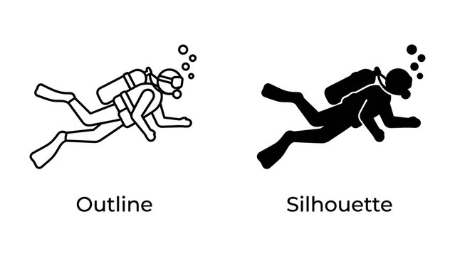 Scuba Diver Outline and Silhouette Icons: Two distinct representations of a scuba diver, one as a clean line outline and the other as a solid black silhouette.