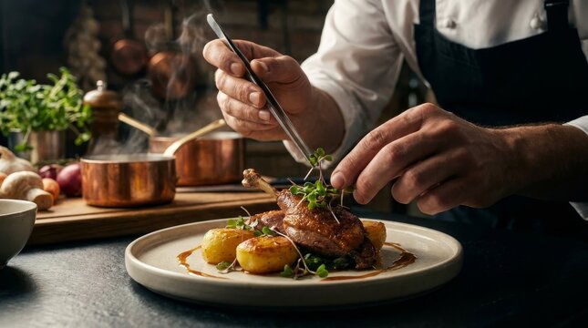 Professional Chef Plating Gourmet Duck Confit with Precision in Restaurant Kitchen