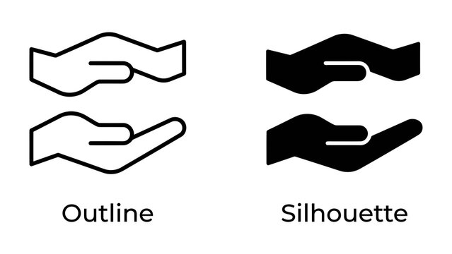 Open Hands Symbol: Two pairs of open hands, one in outline and one in silhouette, symbolize giving, receiving, or offering help and support.