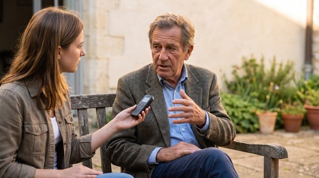 Journalist Recording an Older Man Sharing His Story in Spanish