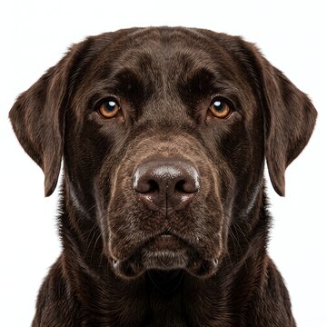 Chocolate Labrador Retriever looking directly into the camera, rich dark chocolate brown fur, expressive warm brown eyes