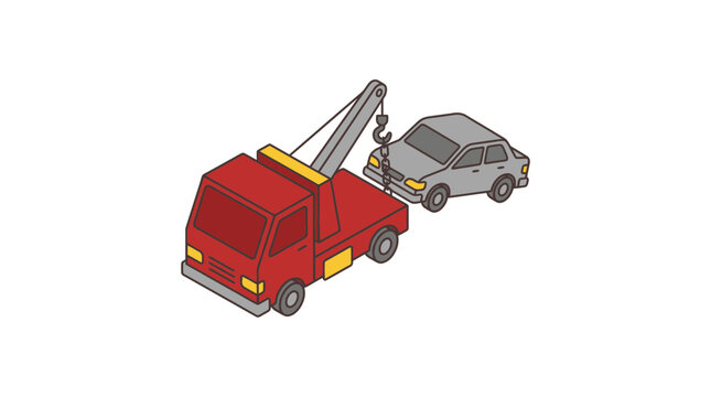 Isometric illustration of red tow truck towing a car