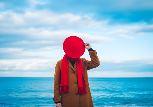 Person wearing red scarf and hat obscuring face by ocean