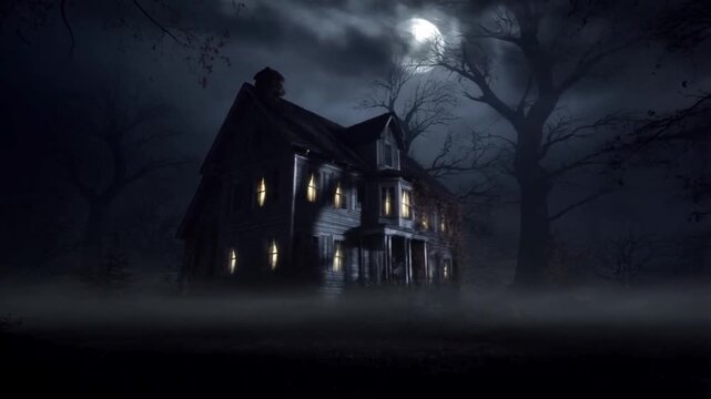 Mysterious old haunted house at night surrounded by bare trees and thick fog, full moon behind dark clouds and warm window lights, realistic cinematic Halloween background