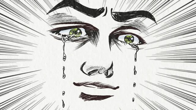 失恋し号泣する昔の少年誌風主人公の濃い顔男性ドアップアニメ