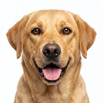 Close-up portrait of a happy Labrador Retriever looking directly at the camera, mouth slightly open with tongue visible, joyful friendly expression