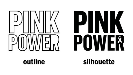 Obraz premium Pink Power Symbol: A graphic design featuring the words PINK POWER in bold letters, with one version outlined and the other filled in black, and a pink ribbon symbol indicating support and awareness.