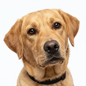Labrador Retriever close-up portrait with its head slightly tilted while looking directly into the camera