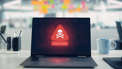 Office Laptop Suffers Hacking Cyberattack and Security Alerts, Malware Infection, Ransomware Risk, and Data Theft. System Compromise Warnings on Screen, Cybersecurity Danger for Business Networks.