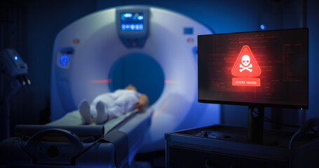 Hospital Radiology Suite During a Cyberattack as a Patient Lies Still on the Mri Ct Scanner Bed While the Control Monitor Flashes a Red Skull Warning Reading System Hacked in the Dark Room.