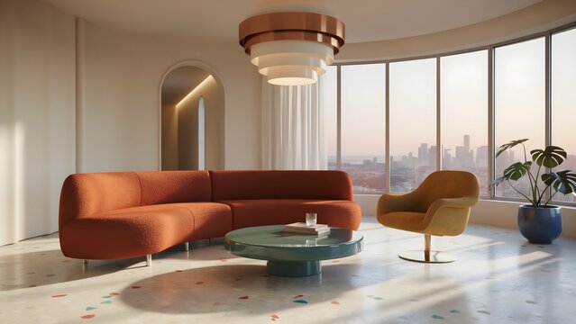 Futuristic lounge space combining retro colors and modern design, vibrant gradients, playful forms, bold furniture silhouettes, energetic atmosphere, luxury interior concept