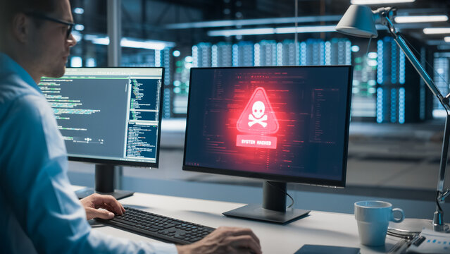 In Data Center Office Male IT Analyst Watches Screens Fill With Virus and Malware Warnings, Popup Showing a Ransomware Attack and Cyber Security Hacking.