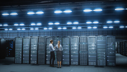 Two Caucasian IT Engineers, Stand With Their Backs Turned Inspecting Server Rack Cabinets in a Vast...