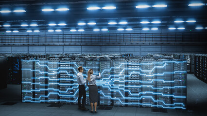 IT Specialist and Engineer Stand in data center, work, Activating Network Overlay Across Server...