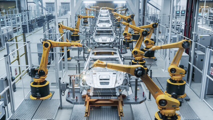 Sparks Fly as Rows of Yellow Industrial Robot Arms Spot Weld Unpainted Car Chassis Advancing Down a Smart Assembly Line Inside a High Tech Automated Automobile Manufacturing Plant. © Gorodenkoff
