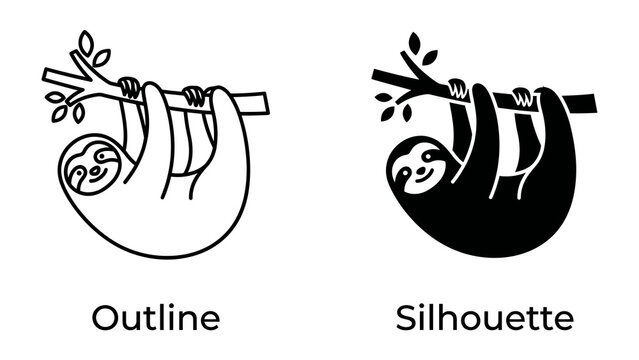 Sloth Icon: A minimalist outline and silhouette of a sloth hanging from a tree branch, symbolizing relaxation and a slower pace of life.
