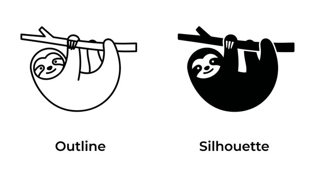 Sloth Icons: Outline and Silhouette. A simple and charming representation of a sloth hanging from a branch, presented in both an outline and a solid silhouette format.